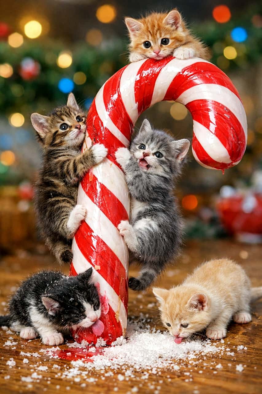 「巨大キャンディに大はしゃぎ！ちびねこたちの甘くてドタバタな大冒険🍭🐾」Five tiny kittens climb and lick a giant red-and-white candy cane on a sugar-covered wooden floor, with colorful lights in the background. 砂糖が散らばった床の上で、5匹の小さな子猫が巨大な赤白のキャンディケインによじ登ったり舐めたりして遊んでいる