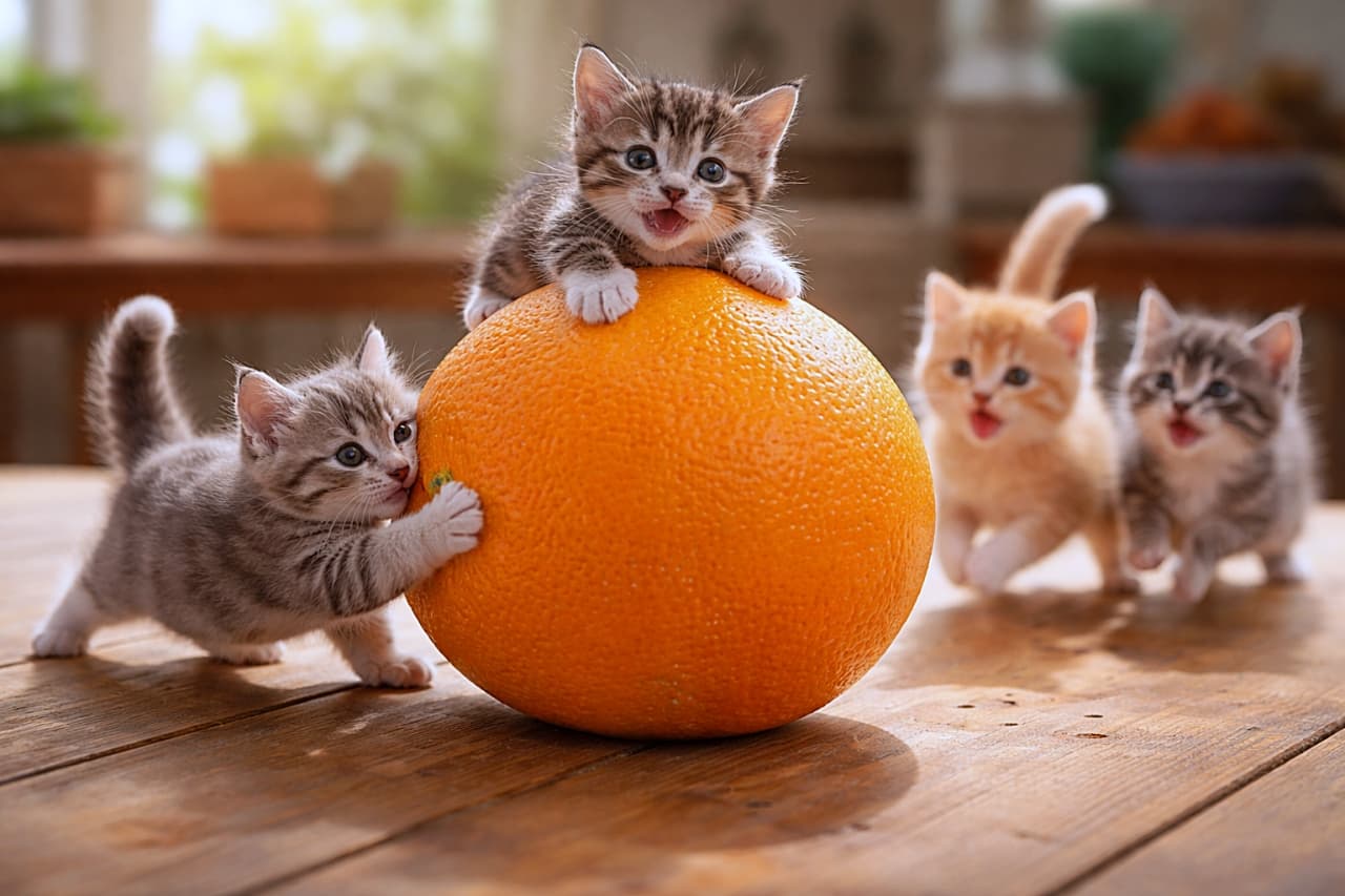 「力を合わせてオレンジ転がし！乗る子も追う子も全員本気、子猫チームワーク炸裂🍊🐾」Micro kittens teamwork to roll a massive orange across a wooden table, with two pushing, one riding on top, and others chasing playfully in a photorealistic wide scene. 木製テーブルの上で、巨大なオレンジを協力して転がす小さな子猫たち。押す子、乗る子、追いかける子がいる写真