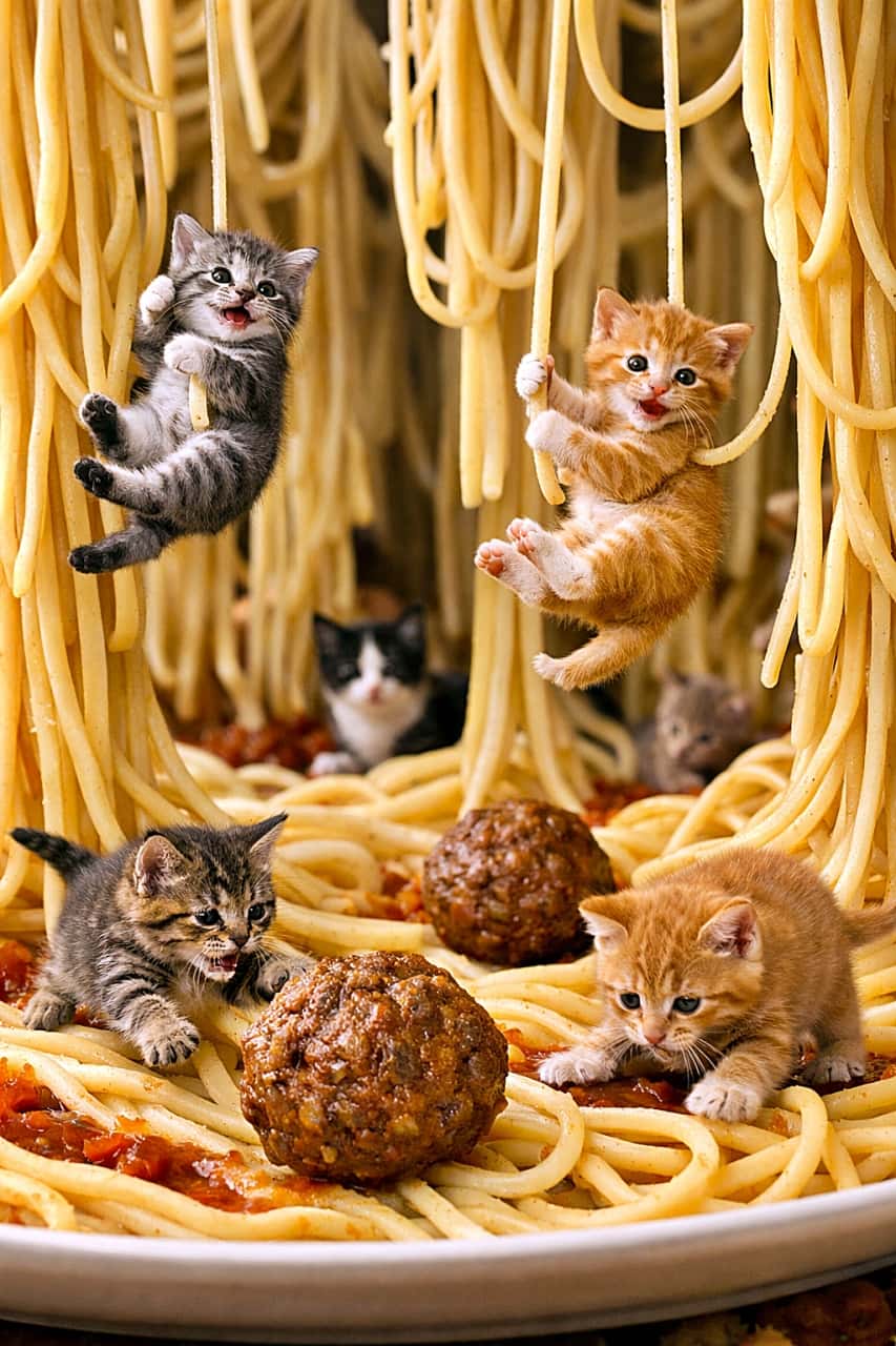 「スパゲッティは冒険の森！子猫たちのミニチュア大冒険が始まった🍝🐾」Tiny kittens explore a whimsical jungle of spaghetti, swinging from noodle strands and chasing meatball boulders on a plate. 極小サイズの子猫たちが、スパゲッティの森で麺にぶら下がり、ミートボールを追いかけて遊んでいる幻想的な光景