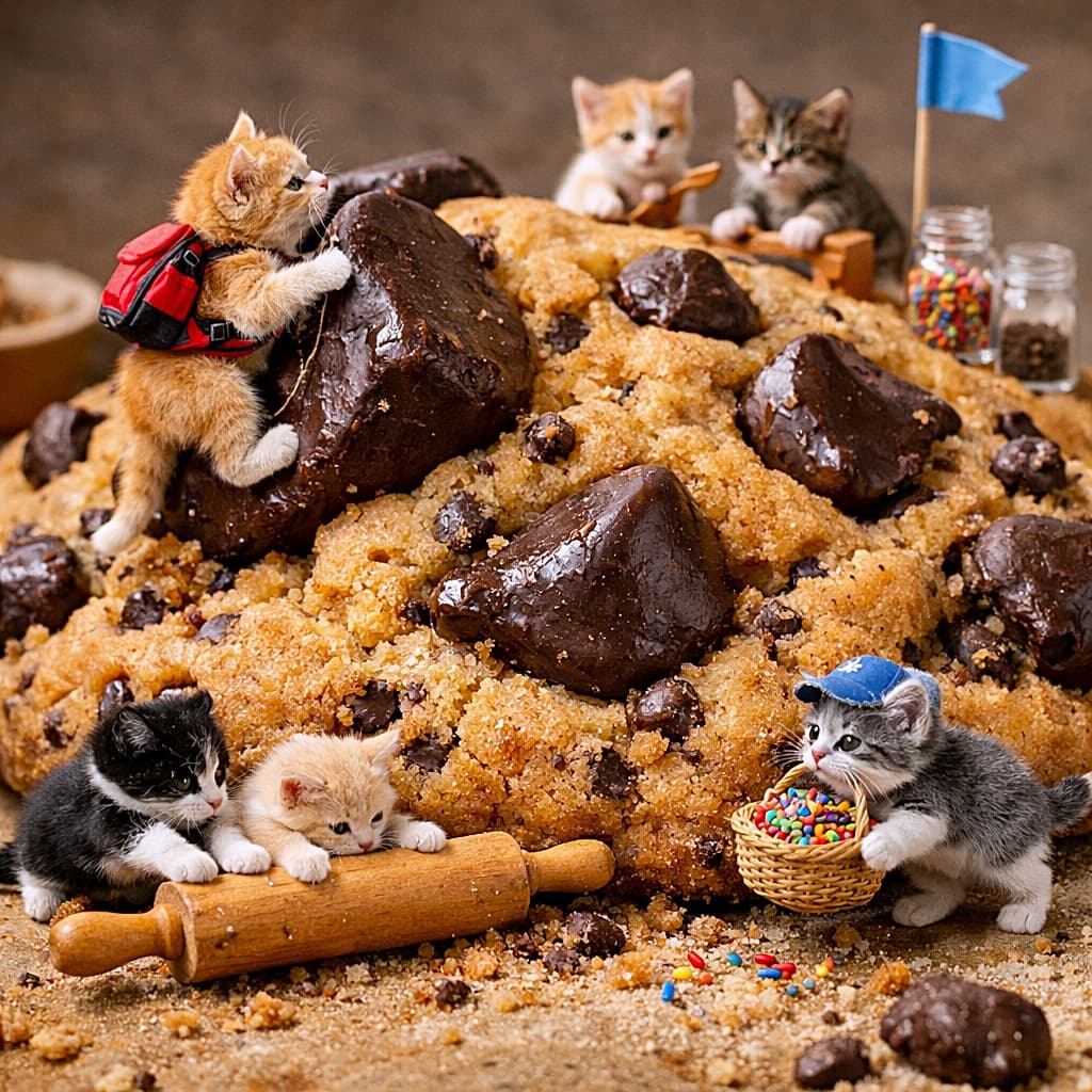 「ちっちゃな子猫たちが巨大クッキーを大冒険！力を合わせて甘い山を攻略中🍪🐾」Micro kittens collaborate on a giant chocolate chip cookie like mountaineers, carrying sprinkles and rolling a tiny pin in a hyperrealistic miniature diorama scene. 巨大なチョコチップクッキーの上で、極小の子猫たちが登山やスプリンクル運び、ミニ麺棒で作業する超精密なジオラマ風シーン