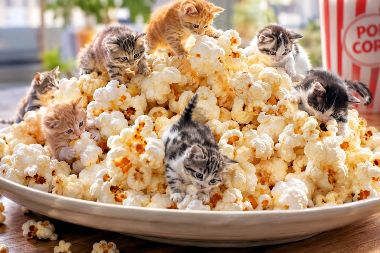 「夢のポップコーンマウンテンを制覇!7匹のちび猫チームが総出で挑む賑やかな大冒険です🍿🐾大好きが止まらない!✨」Ultra-realistic high-quality photograph of seven micro kittens climbing and exploring a giant bowl overflowing with popcorn. Includes a ginger tabby at the peak, a ginger-and-white kitten clinging on the left, a silver tabby in the center foreground, and brown tabbies and tuxedo kittens scaling the sides, with a red popcorn container in the background. 大きな白いボウルに入った山盛りのポップコーンに群がる7匹のマイクロ子猫たちの超リアルな高品質写真。頂上に立つ茶トラをはじめ、左手前で抱きつく茶トラ白、中央で前脚を伸ばすシルバータビー、左右の斜面を登るキジトラやハチワレなど、様々な毛色の子猫が躍動感たっぷりに描かれている。右奥には赤いポップコーンカップが見える