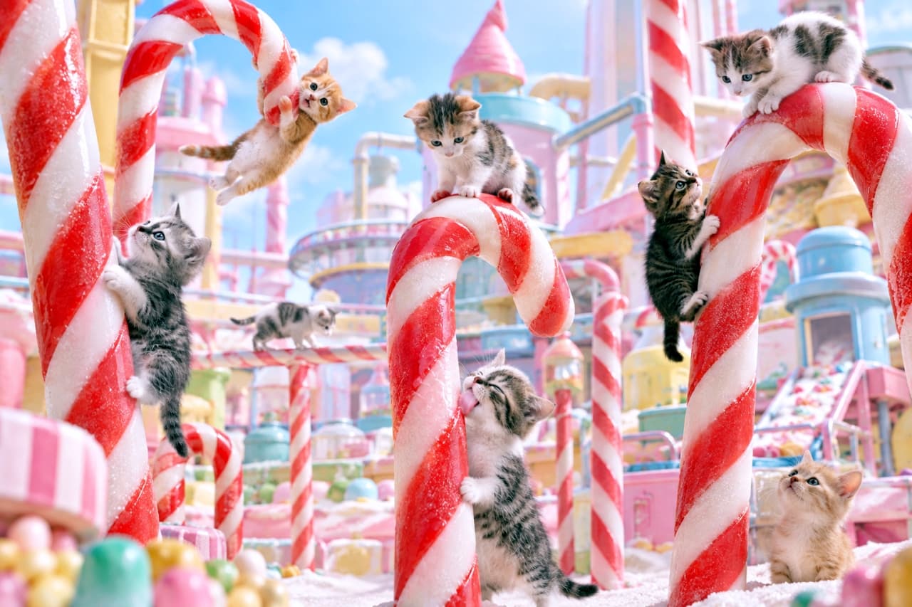 「ここはどこ?お菓子の国の巨大キャンディケインで大冒険中!夢みたいな光景🍭🐾✨」Ultra-realistic high-quality photograph of six micro kittens playing among giant red and white candy canes in a whimsical, pastel-colored candy factory background. Kittens include a silver tabby left, red tabby and calico top center, silver tabby bottom center, brown tabby right, and a silver tabby and white in the background. 超リアルな高品質写真。パステルカラーのお菓子の城のような工場を背景に、6匹のマイクロ子猫が巨大な赤白キャンディケインで遊んでいる。左側にサバトラ、中央上に茶トラと三毛、中央下にサバトラ、右側にキジトラがキャンディケインに掴まり、奥にはサバトラ白が歩いている