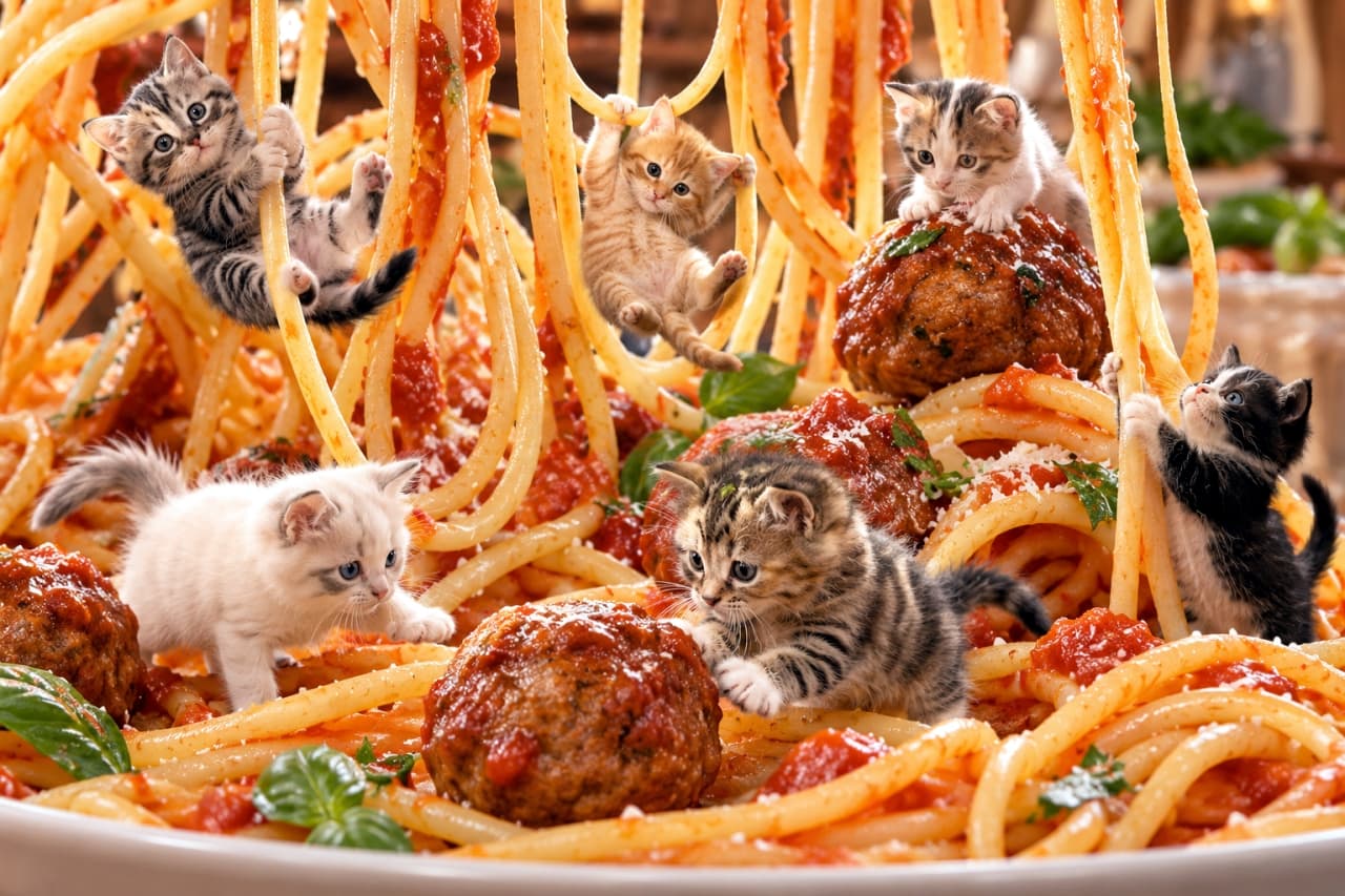 「ミートボールがデカすぎる!巨大パスタの山で奮闘する6匹の食いしん坊たち🍝🐾✨」Ultra-realistic high-quality photograph of six micro kittens struggling on a plate piled high with giant spaghetti, meatballs, and basil. Includes a silver tabby and red tabby hanging top, calico on top-right meatball, cream tabby bottom-left, brown tabby holding bottom-center meatball, and a tuxedo kitten clinging right. 超リアルな高品質写真。巨大なスパゲッティ・ミートボール・バジルが盛られた皿の上で、6匹のマイクロ子猫が奮闘している。左上にぶら下がるサバトラ、中央上に茶トラ、右上のミートボールに座る三毛、左下を歩くクリーム、中央下のミートボールを掴むキジトラ、右下に掴まる黒白。とろけるソースの質感が詳細
