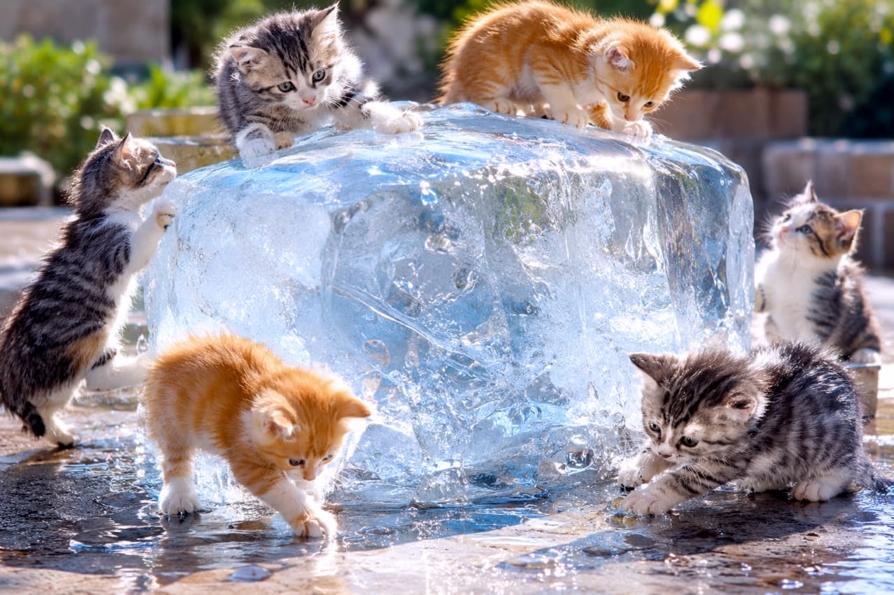 「大きな氷の塊に興味津々!ひんやり冷たい氷と水たまりで遊ぶ姿に暑さも吹き飛ぶ涼しげなひとときをお届け🧊🐾✨」Ultra-realistic high-quality photograph of six micro kittens interacting with a giant, crystal-clear block of ice outdoors under bright sunlight. Two kittens sit on top of the ice, one clings to the side, two splash playfully in the melted water puddles at the base, and one peeks from the right, with sunlight sparkling through the ice and water. 太陽光が降り注ぐ屋外で、透明な巨大な氷の塊を取り囲んで遊ぶ6匹のマイクロ子猫たちの超リアルな高品質写真。氷の上に乗るサバトラと茶トラ、左側で氷にしがみつくキジトラ白、足元の水たまりで前脚を浸して遊ぶ茶トラとキジトラ、右奥から顔を出して見上げる子猫など、水と光の反射が涼しげで瑞々しい情景を作り出している