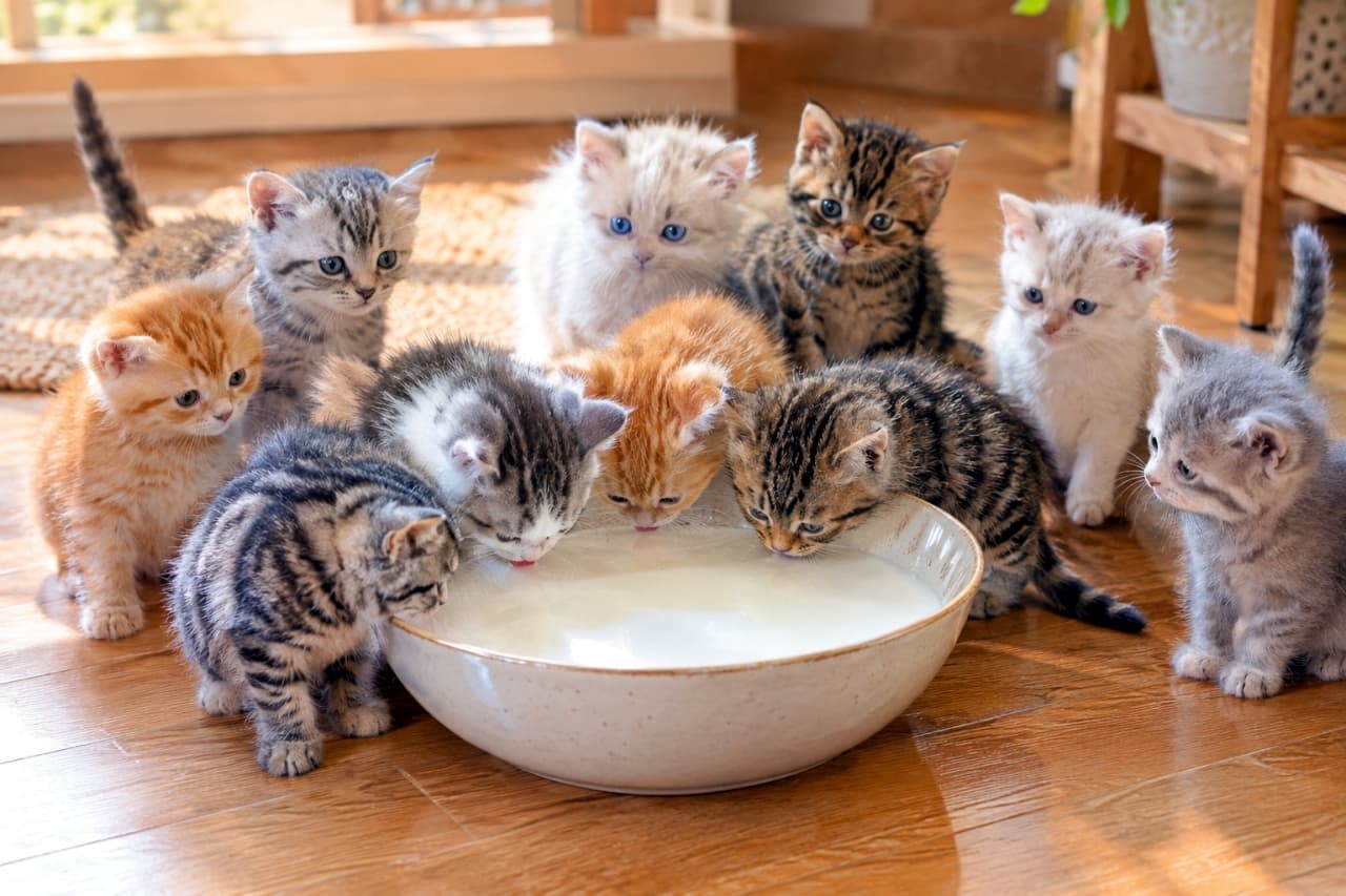 「みんな集まってごくごくミルクタイム!大きなボウルを囲む10匹のちび猫たちに癒やされます🥛🐾✨」Ultra-realistic high-quality photograph of ten micro kittens gathered around a large ceramic bowl filled with milk on a wooden floor. Various breeds and coat patterns including brown tabbies, orange tabbies, silver tabbies, and fluffy white kittens are depicted drinking milk or waiting patiently in soft natural indoor light. 温かみのあるフローリングの上で、大きな磁器のボウルからミルクを飲む10匹のマイクロ子猫たちの超リアルな高品質写真。ボウルに顔を寄せて一心不乱にミルクを舐めるキジトラや茶トラ、周りでお行儀よく順番を待つシルバータビーや長毛の白い子猫など、毛色や種類が異なる子猫たちが集まっている。窓からの柔らかい自然光が部屋を満たしている