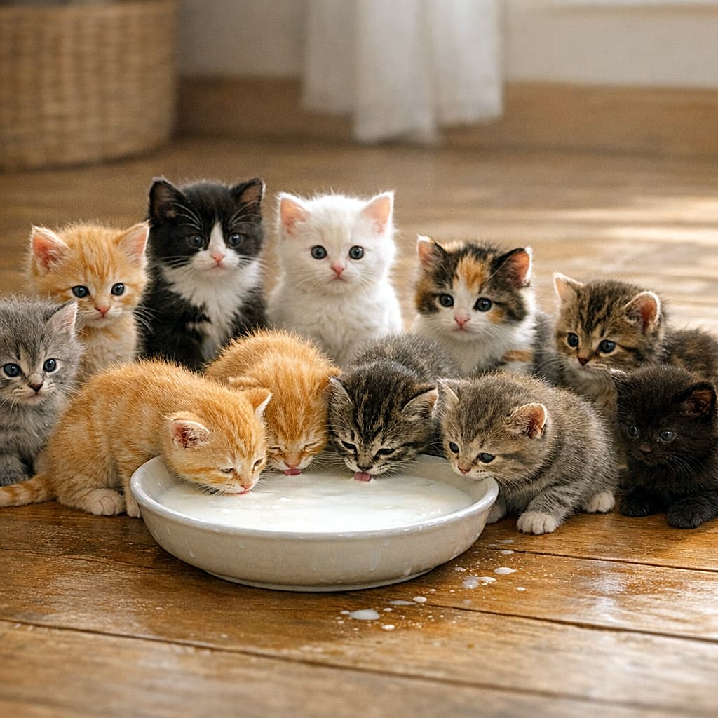 「ちびねこ10匹、ミルク争奪ゆるバトル。飲む子は全集中、待つ子はきらきら期待のまなざし🍼🐾」Ten palm-sized miniature kittens gathered around a milk bowl larger than their bodies on a wooden floor. Several kittens are actively drinking milk while others sit behind them waiting their turn. Each kitten has one natural tail and normal anatomy. Photorealistic, warm natural light, eye-level wide horizontal composition. 木の床の上で体より大きなミルクボウルを囲む手のひらサイズの子猫10匹。数匹はミルクを飲み、後ろの子猫たちは順番を待っている。全て自然な尾と正常な体の構造。暖かい自然光のフォトリアルな横長構図