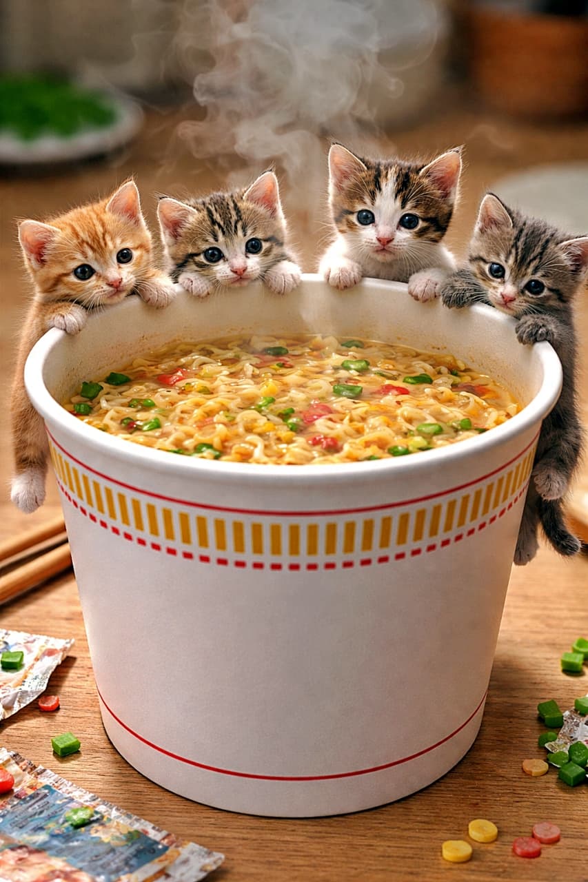 「湯気はごちそう、縁は冒険。巨大カップラーメンに挑む、子猫探検隊の一瞬🍜🐾」Tiny kittens climbing the rim of a giant plain cup of instant ramen, steam rising softly, captured as a hyper-realistic miniature diorama with sharp focus and playful expressions. 湯気の立つ巨大な無地のカップラーメンの縁を、好奇心いっぱいの小さな子猫たちが登る超精密ジオラマ写真