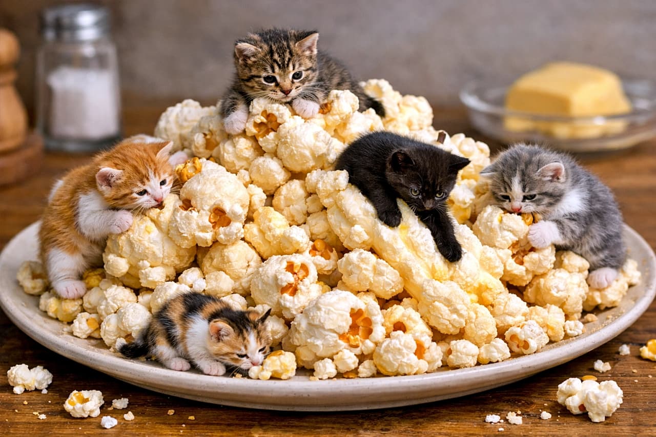 「ポップコーン山は冒険の舞台！ちび猫たちの登る・滑る・つまみ食い大作戦🍿🐾」Tiny kittens climb and slide over a mountain of giant popcorn on a plate, nibbling kernels in a hyper-realistic miniature diorama scene. お皿の上の巨大なポップコーンの山を、小さな子猫たちが登ったり滑ったりしながらかじって遊ぶ、超リアルなミニチュアジオラマ風写真