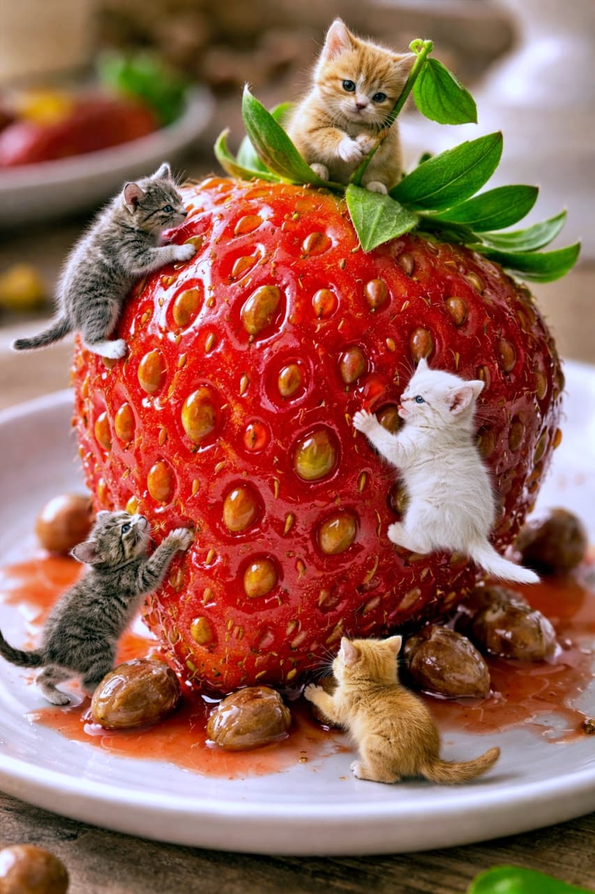 「巨大ないちごは今日の冒険の舞台🍓子猫隊、果汁チェックと葉っぱ守備を開始します！」Tiny kittens climbing a giant ripe strawberry like a mountain, licking sweet juice and guarding the leafy top, hyper-realistic macro diorama photo. 巨大ないちごの表面をよじ登り、果汁をなめたり葉の上を見張ったりする小さな子猫たちの超精密ジオラマ写真
