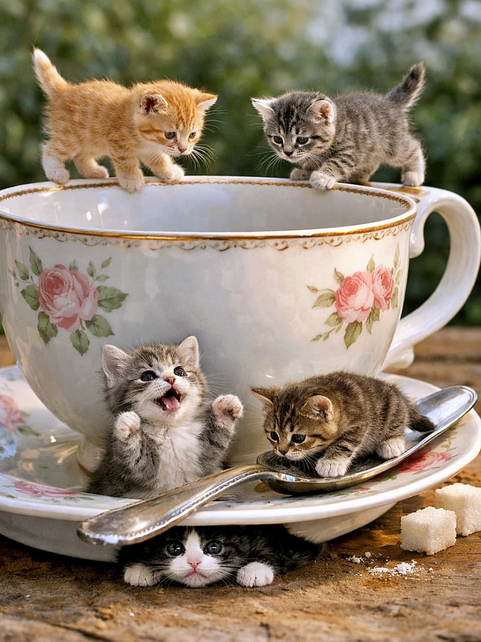 「巨大ティーカップは冒険の舞台！子猫たちのドキドキ探検タイム🫖🐾」Tiny kittens explore a gigantic porcelain teacup. Two kittens walk carefully along the rim, one cheers from inside the cup, another balances on a spoon, and one peeks out from under the saucer in a whimsical, photorealistic scene. 巨大な磁器のティーカップで遊ぶ小さな子猫たち。縁を歩く2匹、カップの中で応援する1匹、スプーンに乗る1匹、ソーサーの下から顔を出す1匹が写る幻想的でリアルな雰囲気の写真