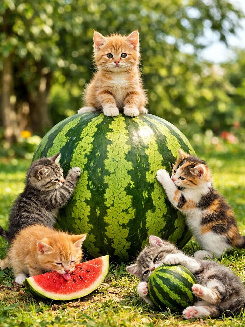 「巨大スイカは今日の遊び場！ころころ、ぺたぺた、ひんやり夏の大冒険🍉🐾」Tiny kittens play around a giant watermelon on a sunny summer day. One kitten sits proudly on top, two trace the green stripes with their paws, one licks a juicy slice, and another rolls a smaller watermelon in the shade. 夏の屋外で、巨大なスイカの周りではしゃぐ小さな子猫たち。スイカの上に座る子、縞をなぞる子、果肉をなめる子、日陰で転がす子がいる