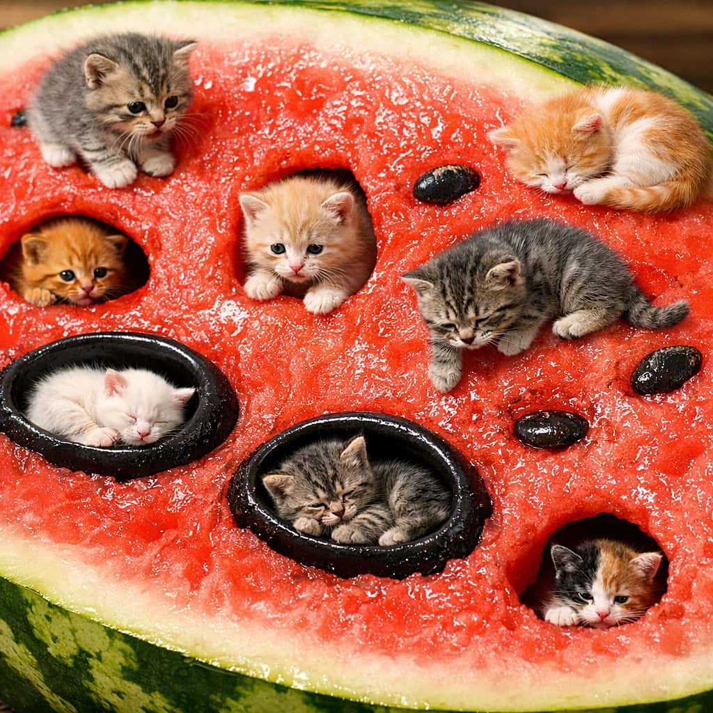 「スイカは今日だけ、子猫たちのひみつ基地！ころころ転がって、すやすやお昼寝中🍉🐱」Tiny kittens crawl and nap on a giant watermelon slice, hiding in tunnels and seed-shaped hollows. 巨大なスイカのスライスの上で、小さな子猫たちがトンネルに潜ったり、種のくぼみで眠ったりしている様子