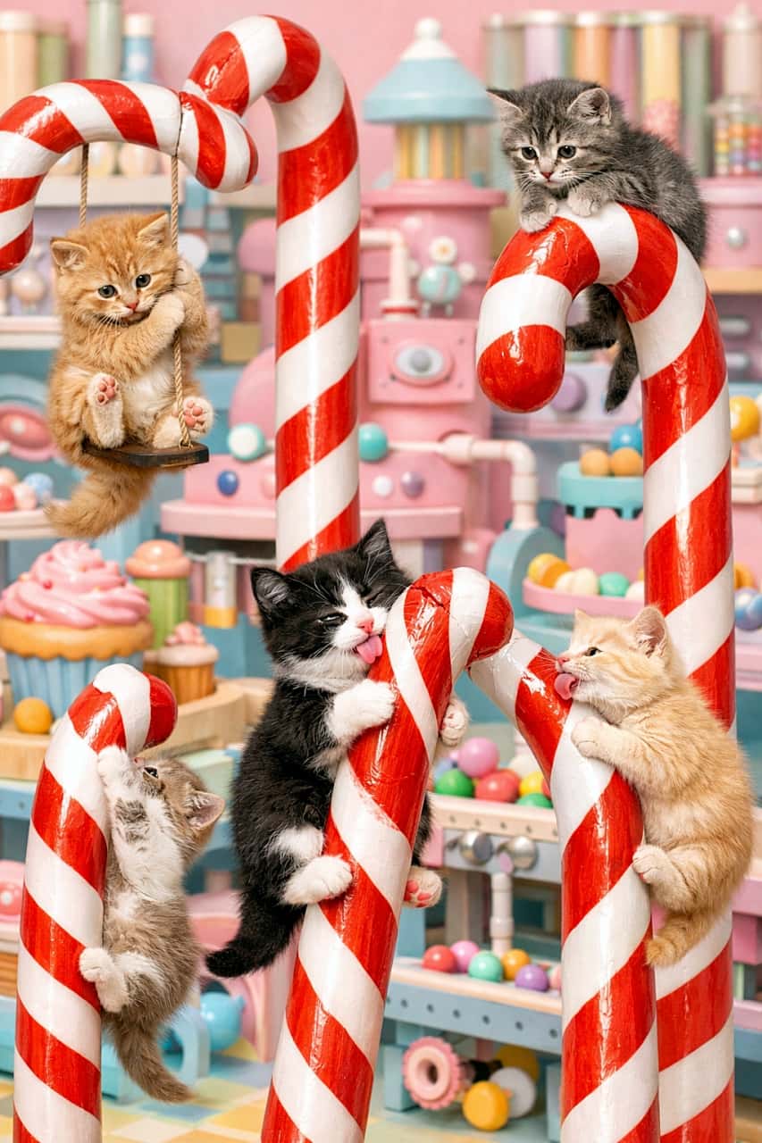 「キャンディ工場で子猫たちが大はしゃぎ！甘くて可愛い大冒険🍬🐾」Playful tiny kittens swing, climb, and lick giant red-and-white candy canes inside a pastel-colored candy factory diorama. パステルカラーのキャンディ工場のジオラマで、巨大な赤白ストライプのキャンディケインによじ登ったり舐めたりして遊ぶ子猫たち