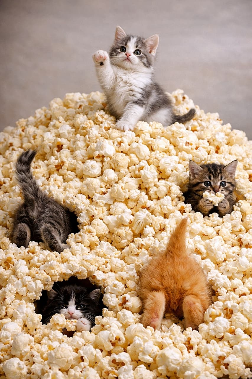 「ポップコーンの山は冒険の舞台！潜って、登って、つまみ食いする子猫たち🐾🍿」Tiny kittens playing in a huge mountain of popcorn, some tunneling inside, one buried headfirst, one posing proudly on top, and another secretly munching popcorn in a whimsical photorealistic scene. 巨大なポップコーンの山で遊ぶ小さな子猫たち。中を掘り進む子、頭から埋まる子、頂上でポーズを決める子、こっそり食べる子がいる幻想的でリアルな光景