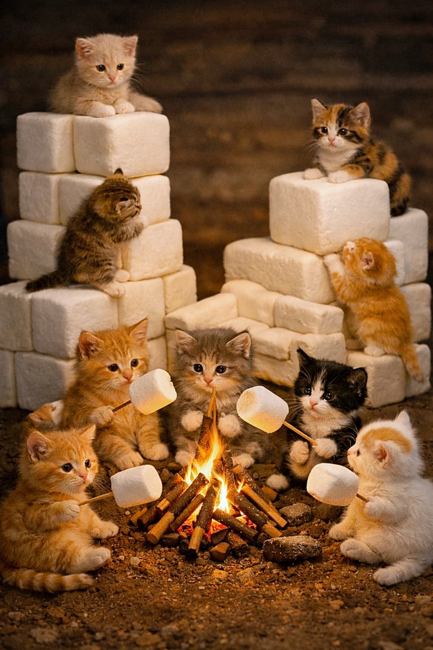 「子猫たちの夜のキャンプごっこ！マシュマロで大はしゃぎ🍡🔥」Tiny kittens sit around a matchstick campfire, roasting giant marshmallows on toothpicks, while other kittens climb stacked marshmallow blocks like furniture. 小さな子猫たちがマッチ棒の焚き火を囲んで巨大マシュマロを焼き、他の子猫は家具のように積まれたマシュマロに登って遊んでいる