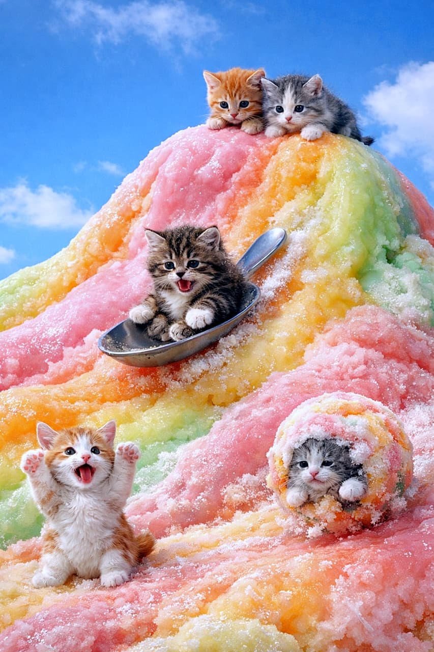 「シャーベット山は今日も大賑わい。子猫たちの本気すぎる雪遊び（夏）」Tiny kittens playfully sliding down a giant rainbow-colored sherbet mountain. One kitten rides a spoon like a sled, two wait at the top, one cheers at the bottom, and another rolls like a snowball. Photorealistic and whimsical scene. 巨大なレインボー色のシャーベット山を、小さな子猫たちが楽しそうに滑り降りている。スプーンに乗る子、頂上で待つ子、下で応援する子、雪玉のように転がる子がいる、写実的で幻想的な光景