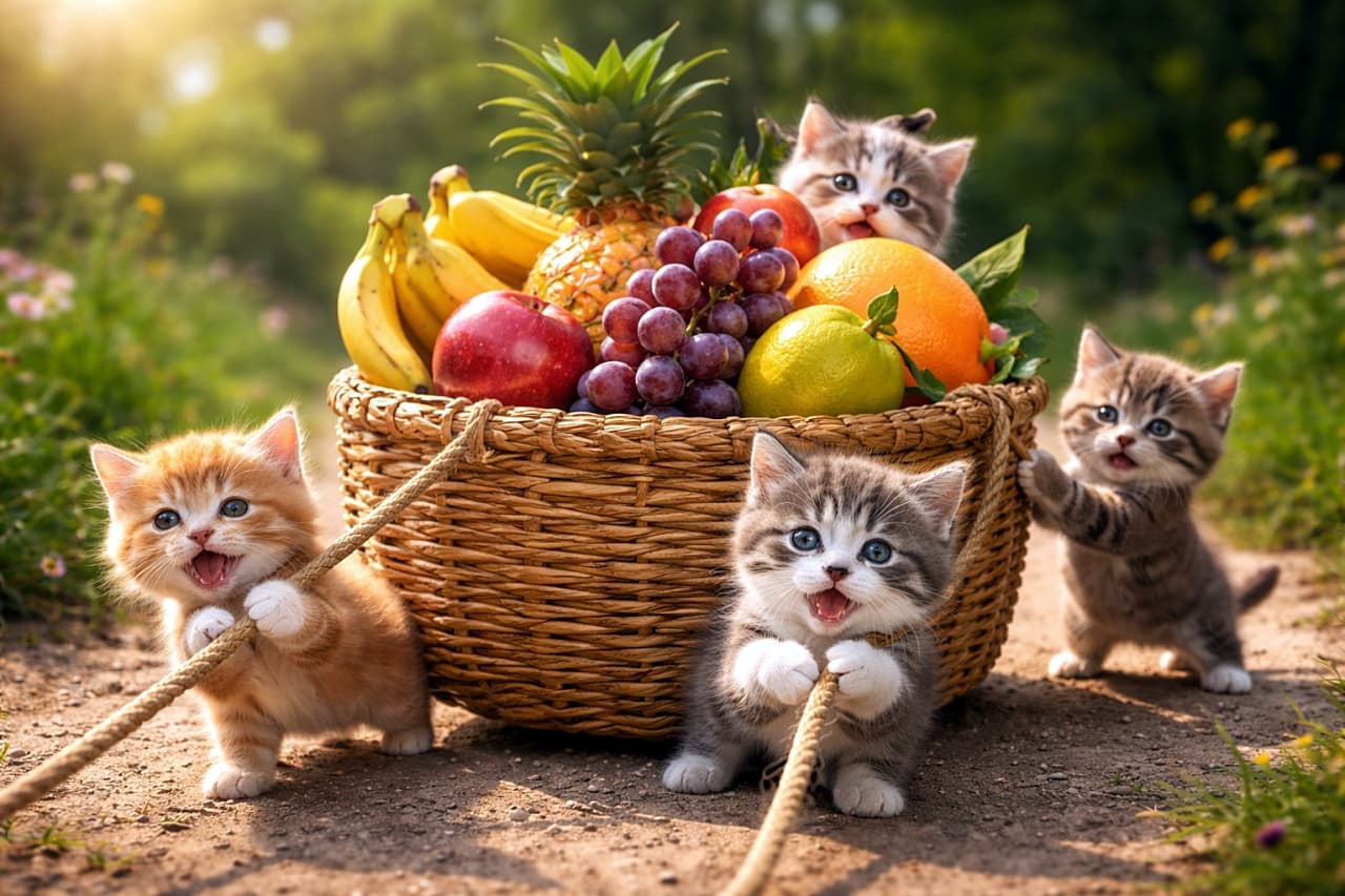 「力を合わせてよいしょ、よいしょ。大きな果物かごを運ぶ、なかよし子猫チームの大冒険🍎🧺」Tiny kittens work together to pull and push a huge woven basket filled with oversized fruits. Two kittens pull ropes in front, two push from behind, and one peeks over the basket’s edge in a playful, hyperrealistic scene. 巨大なフルーツが入った大きな編みかごを、子猫たちが力を合わせて運ぶ様子。前でロープを引く2匹、後ろで押す2匹、かごの縁から顔を出す1匹が写る、写実的で遊び心のあるシーン