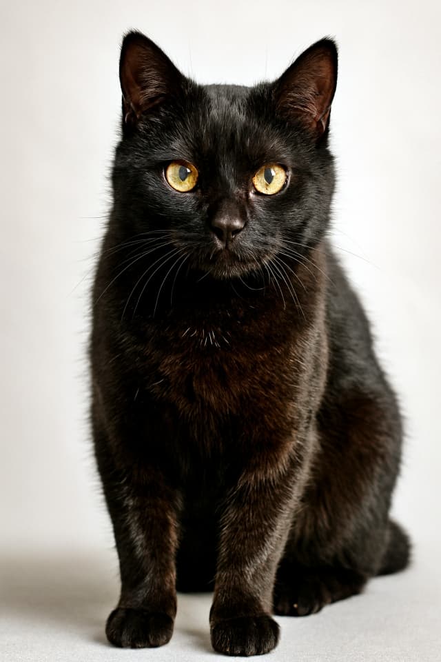 A sleek black cat with vivid yellow eyes sits upright against a light background. Its ears are alert, and its front paws are neatly placed together. The contrast between its dark fur and the pale backdrop emphasizes its striking gaze. 黒猫が自然光の下で全身を見せて座っている。毛並みの質感や目の光彩が精密に描写された高解像度の写真