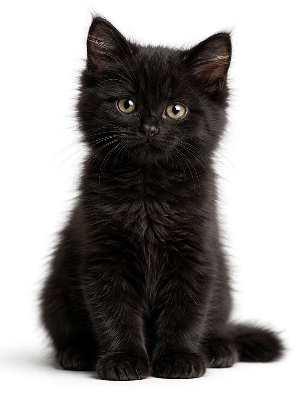 「つぶらな瞳に心を撃ち抜かれる。リアルすぎる黒猫ベイビー、降臨です🐈‍⬛✨」Photorealistic full-body black kitten sitting upright, with detailed fur texture and realistic eye reflections under natural light on a white background. 白背景で座る全身が写った黒い子猫。毛並みや光の反射までリアルに再現された高精細写真