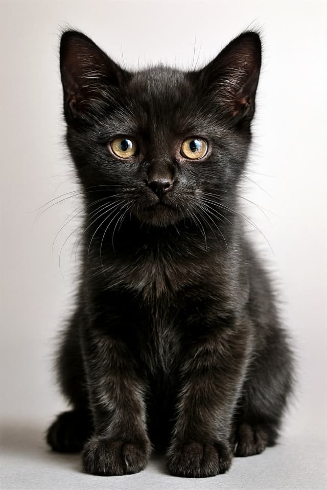 A black kitten with golden eyes sits upright against a neutral background. Its short fur is glossy, and its ears are pointed and alert. The kitten looks directly at the camera, creating a sense of engagement and curiosity. 黒い子猫が正面を向いて座っている。毛並みは自然光で繊細に描写され、瞳は黄金色に輝く