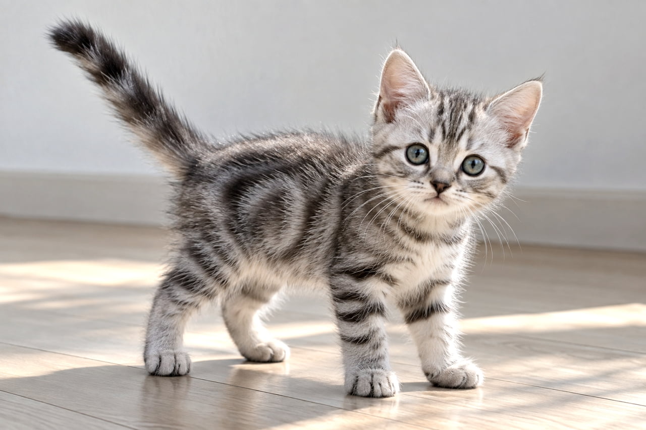 「しっぽをピンと立ててご挨拶!🐾✨ お日様の光を浴びたサバトラ子猫ちゃん、元気いっぱいです!」Ultra-realistic high-quality photograph of a curious silver tabby kitten standing on a wooden floor, bathed in angled natural sunlight. Its upright tail and the striking black stripes on its silver coat are highlighted. The light delicately illuminates its whiskers and the fine fur on its ears. 窓から差し込む斜めの自然光を浴びてフローリングの上に立つ、シルバータビー(サバトラ)の子猫。ピンと立てた尻尾と、力強い黒の模様が入った銀色の被毛が印象的。カメラをじっと見つめる大きな瞳と、光に透けるヒゲや耳の産毛までが緻密に描写されている