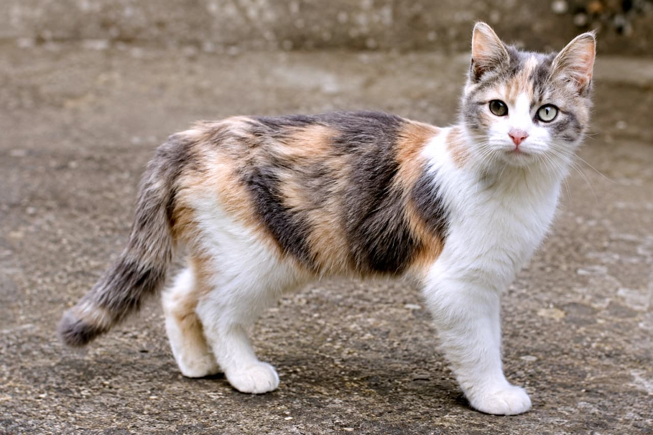 「淡いパステルカラーの毛並みがとってもお洒落!🌿✨優美なダイリュートキャリコちゃんのご挨拶🐾」Ultra-realistic high-quality photograph of a dilute calico cat standing on concrete. Its pastel-colored fur of grey, light orange, and white harmonizes beautifully under natural light. It looks calmly at the camera with light green eyes against a softly blurred background. 屋外のコンクリートの上に立つ、ダイリュートキャリコ(淡い三毛猫)の成猫。グレー、淡い茶色、白のパステルカラーの被毛が自然光の下で美しく調和している。淡いグリーンの瞳で穏やかにカメラを見つめており、背景のぼやけたコンクリートが猫の色彩を引き立てている