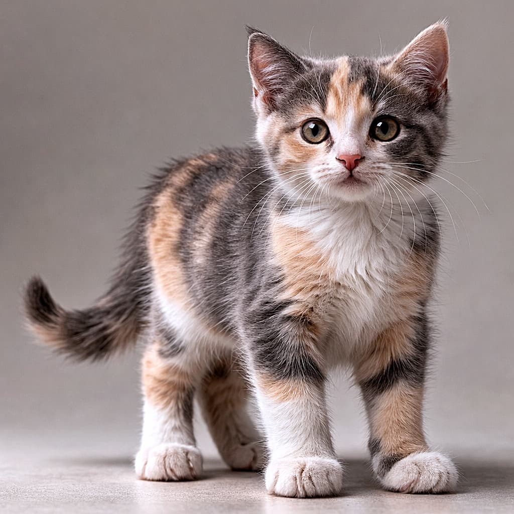 「ちょこんと立って世界を確認中。一歩目の勇気が、もう可愛い」A high-resolution, photorealistic image of a dilute calico kitten standing on all fours against a neutral background, showing accurate anatomy, soft fur detail, and natural eye reflections. ニュートラルな背景で四つ足で立つ薄色三毛の子猫の高解像度写真。全身のバランスが良く、毛並みや瞳の質感がリアルに表現されている