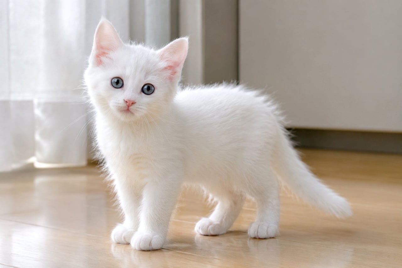「天使すぎる…!真っ白でふわふわの子猫ちゃんが、ブルーの瞳でこちらを見ています。目が合うだけで幸せになれますね🐈✨」A high-resolution photo of a fluffy pure white kitten standing on a wooden floor, looking directly into the camera with piercing blue eyes. Natural light fills the cozy room, highlighting the soft fur, small paws, and delicate whiskers. The background features a blurred white curtain, creating a clean and soft atmosphere. 明るい室内の木製フローリングの上に、ふわふわとした真っ白な子猫が全身を見せて立っています。吸い込まれるような深いブルーの瞳でカメラをまっすぐ見つめており、そのあどけない表情と柔らかい毛並みが印象的です。自然光が後方から差し込み、被毛の質感や小さな肉球、髭の一本一本が鮮明に写し出されています。背景には白いカーテンがぼかして配置されており、清潔感のある空間