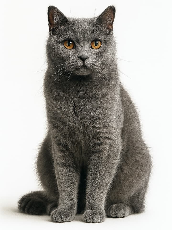British Shorthair cat with solid gray plush coat and amber eyes sitting upright on white background. Calm posture, symmetrical pose. 全身が写った灰色の猫。自然光で毛並みや目の輝きまで精密に描写された高解像度の写真