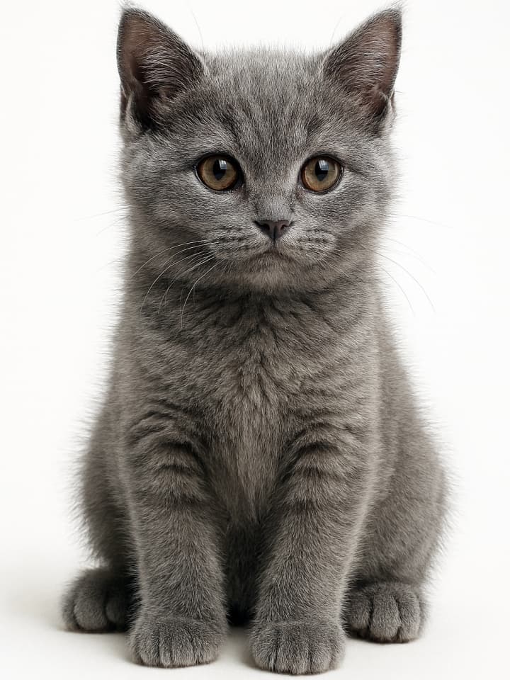 Gray kitten with dense fur and amber eyes sitting attentively on white background. Front paws together, ears upright, composed expression. 灰色の子猫が白背景の上に座っている。毛並みは繊細で立体的、瞳は光を反射しリアルに描写されている