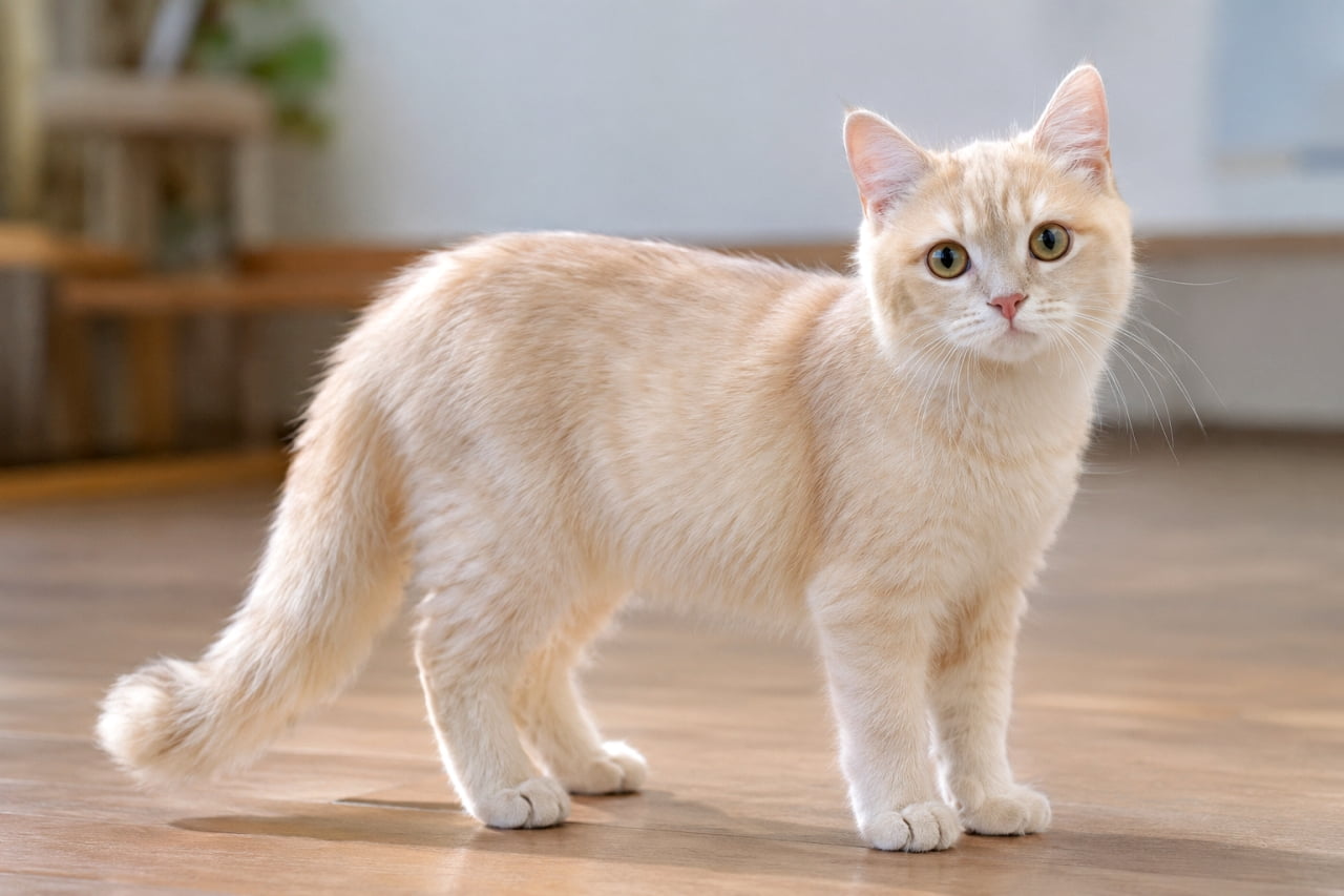 「優しいクリーム色の毛並みが、見ているだけで心を温めてくれます🐈✨ 陽だまりの中で、のんびりした時間を過ごしたいですね」An ultra-realistic photo of a full-bodied cream-colored adult cat standing on a wooden floor in a warm, cozy living room. The cat looks directly at the camera with large, golden eyes, its soft fur detailed with subtle texture. The background is softly blurred, showing wooden furniture and a basket, creating a welcoming and comfortable home environment. 温かみのある自然光が差し込むリビングルームで、淡いクリーム色の被毛を持つ成猫(推測:スコティッシュフォールドのクリームストライプなど)が木製フローリングの上に全身を見せて立っています。カメラをじっと見つめる大きな琥珀色の瞳と、柔らかく波打つ被毛の質感が詳細に描写されています。背景には木製の棚やバスケットがぼかして配置されており、心地よい空間が広がっています