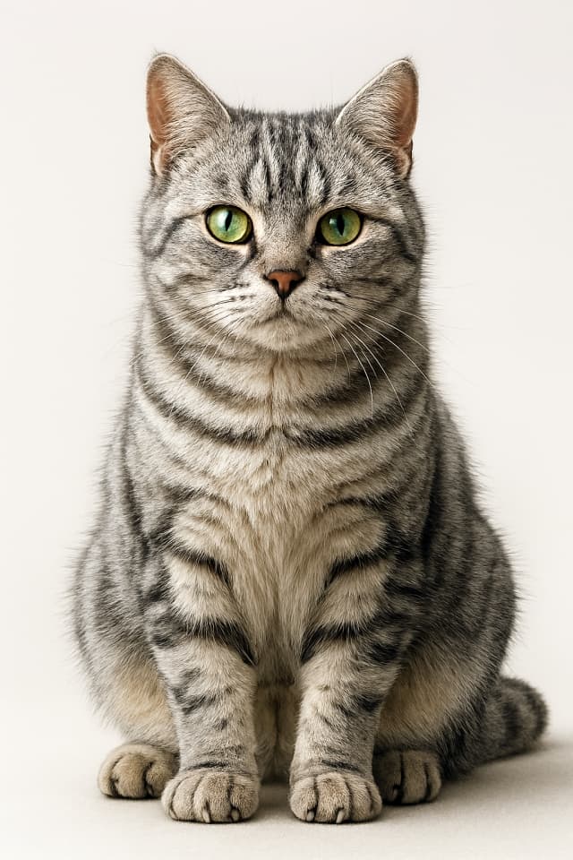 A silver tabby cat with bright green eyes sits upright against a white background. Its coat features bold black stripes and spots on a silver-gray base. The cat’s symmetrical posture and vivid eyes create a striking visual contrast. 銀灰色の縞模様を持つタビー猫が自然光の中で正面を向いて座っている。毛並みの一本一本が写実的に描写され、目の虹彩や肉球まで精密に再現された高解像度画像