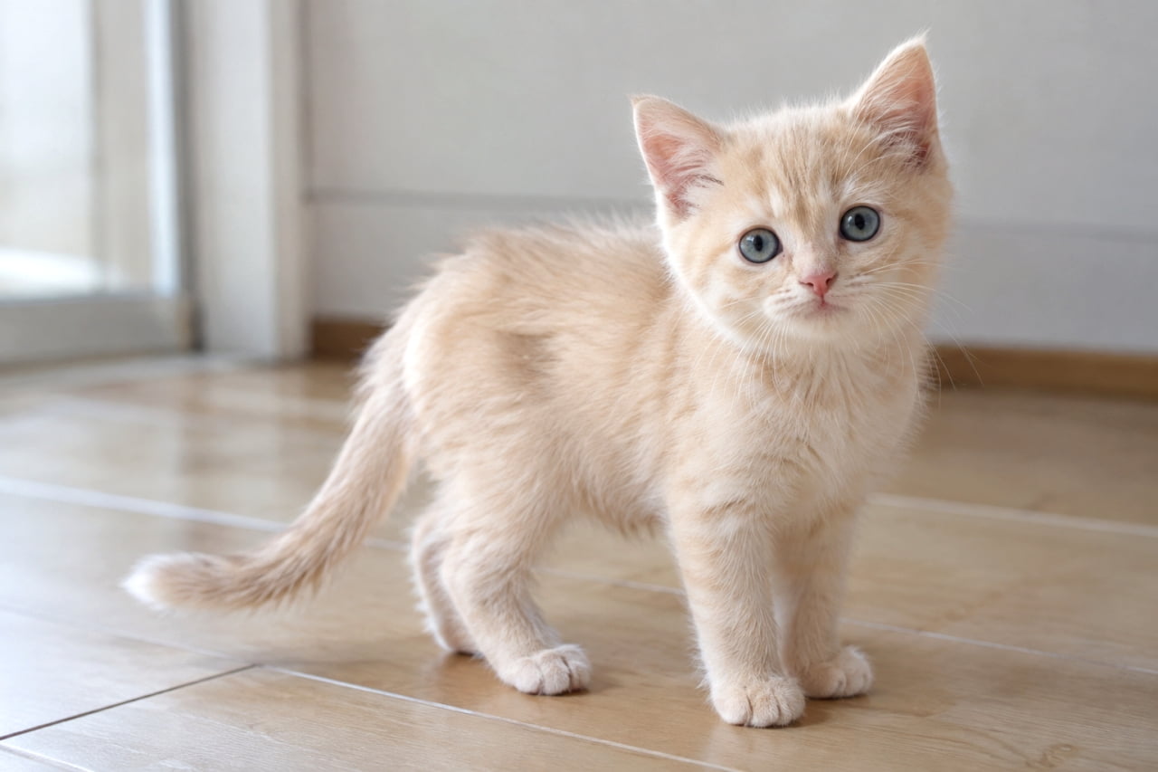 「このおっとりした表情、守りたくなっちゃいます🍼✨ クリーム色のふわふわ子猫ちゃんが、何かを伝えようとしてるみたい!」A high-resolution photo of a soft cream-colored kitten standing on a wooden floor, looking up at the camera with a curious expression. The bright, natural light illuminates its fluffy fur, small nose, and delicate whiskers. The background shows a blurred white curtain and window, creating a warm and soft ambience. 明るい室内の木製フローリングの上に、淡いクリーム色の子猫が全身を見せて立っています。少し首を傾げ、あどけない表情でカメラをまっすぐ見つめています。自然光が部屋全体に広がり、柔らかくふわふわとした毛並みや、小さな鼻、髭の一本一本が鮮明に描写されています。背景には白いカーテンと窓枠がぼかされており、清潔で心地よい空間