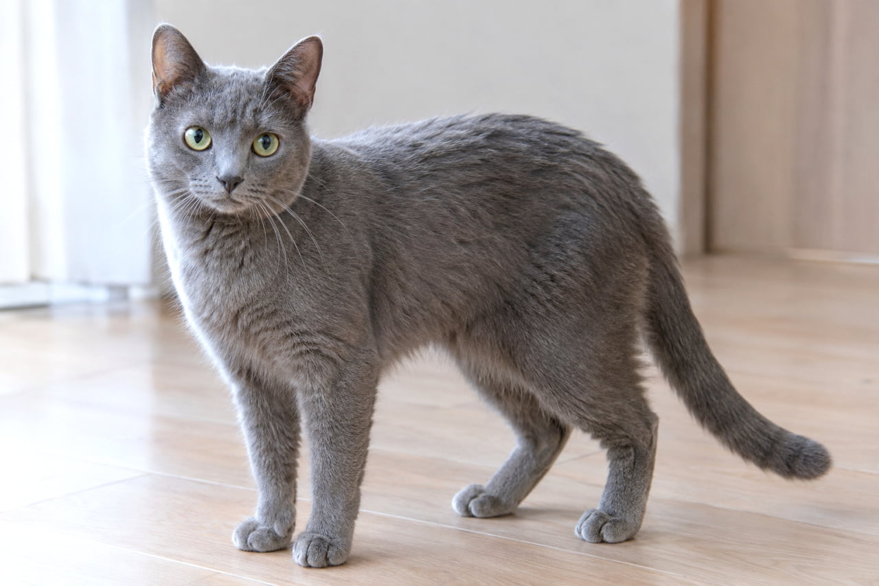 「グレーの毛並みがとってもおしゃれで洗練されていますね🐈⬛✨ グリーンの瞳に吸い込まれそう!大人の魅力たっぷりな猫ちゃんです」An ultra-realistic, high-quality photograph of a full-bodied solid grey adult cat with smooth fur standing on a wooden floor in a modern home. The cat looks intently at the camera with striking green eyes. Natural light highlights the texture of its coat. The background, featuring a white wall and wooden door, is softly blurred, creating a sophisticated and clean atmosphere. モダンな室内で、全身が美しいソリッドグレー(青灰色)の成猫(推測:ブリティッシュショートヘアやロシアンブルー)が木製フローリングの上に立っています。カメラをじっと見つめる大きなグリーンの瞳と、滑らかで密度のある被毛の質感が詳細に描写されています。自然光が差し込み、被毛の光沢や髭の一本一本が鮮明に写し出されています。背景には白い壁と木製のドアがぼかされており、洗練された空間