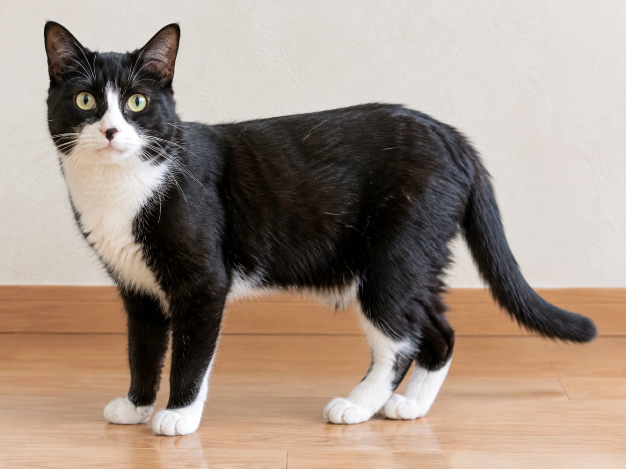 「まさに正装。🐈⬛✨ 胸の白がとってもエレガント。その気品あふれる立ち姿、パーティーの主役間違いなし!」Ultra-realistic high-quality photograph of a full-bodied short-haired tuxedo cat standing on a wooden floor in a bright room. The pure white fur on its chest, belly, and paws creates a sharp contrast with the black fur. The cat looks at the camera with yellow-green eyes. Background is simple with a white wall. 明るい室内の木製フローリングの上に立つ、短毛のタキシード(黒白)の成猫。胸から腹、前足にかけての純白の被毛が、黒い被毛と鮮やかに対比されている。イエローグリーンの瞳でカメラをじっと見つめている。背景は白い壁とフローリングでシンプル