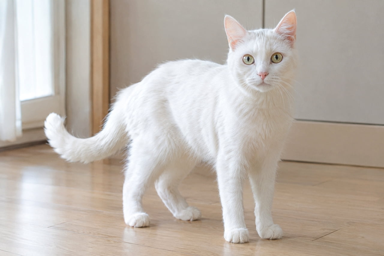 「お部屋がパッと明るくなるような、真っ白で美しい猫ちゃん!✨ 自然光に映える純白の毛並みに、心も洗われます」An ultra-realistic, high-quality photograph captures a full-bodied pure white adult cat standing on a wooden floor near a sunlit window. The short, soft white fur texture is rendered in great detail, as are the glinting green eyes, pink nose, and individual whiskers. Natural light illuminates the scene, creating a soft ambience. The background is blurred, showing a wooden window frame and white curtain. 明るい窓辺のフローリングに、全身が真っ白な短毛の成猫(推測:日本猫やアメリカンショートヘアの白)がカメラをじっと見つめて立っています。自然光が差し込み、純白の被毛の柔らかい質感や、グリーンの瞳の光沢、ピンク色の鼻、髭の一本一本が鮮明に描写されています。背景はぼかされており、木製のサッシと白いカーテンが優しい雰囲気を演出