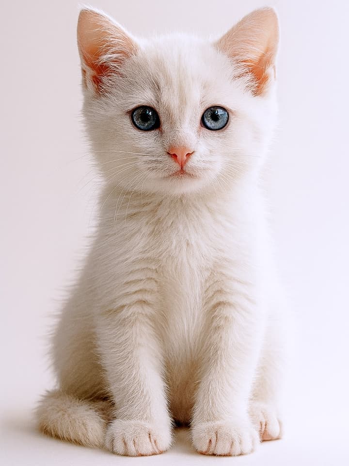 White kitten with blue eyes and fluffy fur sitting on white background. Pink inner ears, front paws placed together, calm and focused gaze. 白い子猫が正面を向いて座っている。全身が写っており、柔らかな毛並みや青い瞳、ピンクの鼻と肉球が自然光のもとで精密に描写されている