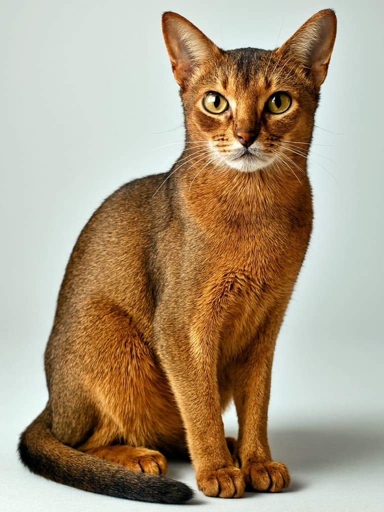 Full-body portrait of a photorealistic Abyssinian cat with ruddy ticked fur, golden-green eyes, and anatomically precise features under soft natural light. 柔らかな自然光に包まれたアビシニアン猫の全身ポートレート。黄金緑の瞳と赤褐色の毛並みが美しく、精密な身体構造が際立つリアルな一枚