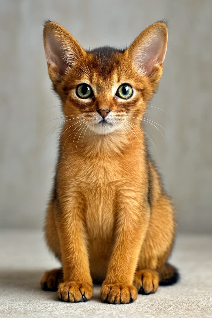 Photorealistic full-body Abyssinian kitten with warm ticked fur, green eyes, and natural lighting. 陽だまりに佇むアビシニアンの子猫。赤褐色の毛並みと翠の瞳が、静かな午後に溶け込む