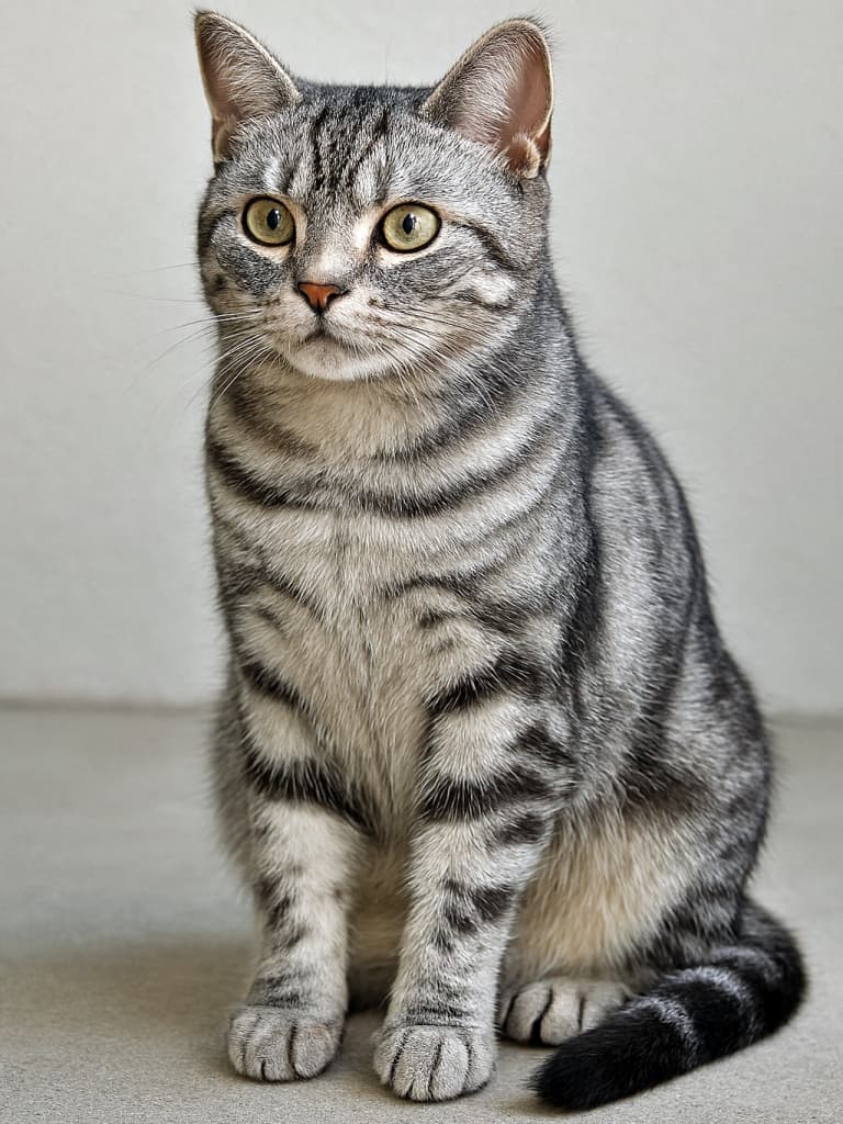 A photorealistic full-body image of an American Shorthair cat sitting on a smooth gray surface. Its silver tabby fur is rendered with lifelike texture, accurate sheen, and natural shadows. The cat’s greenish-yellow eyes reflect light with detailed iris patterns. All anatomical features—ears, nose, mouth, paws, and tail—are precisely positioned and distortion-free. 滑らかなグレーの床に座るアメリカンショートヘアの全身フォトリアル画像。銀灰色の縞模様の毛並みは一本一本が自然光に輝き、目には繊細な虹彩と光の反射。耳・鼻・口・肉球・しっぽまで、すべてが正確に描写されたリアルな猫の姿