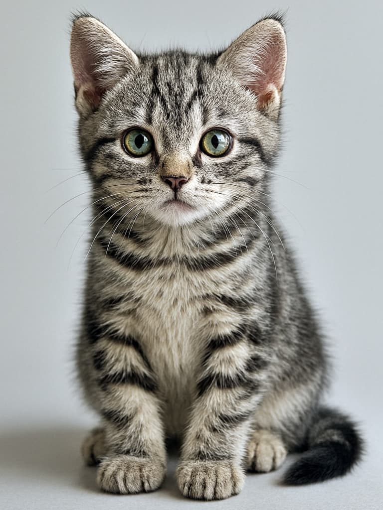 American Shorthair kitten sitting on a neutral background, full body visible with silver tabby fur, green eyes, and detailed anatomical features under natural lighting. ニュートラルな背景に座るアメリカンショートヘアの子猫。全身くっきり、銀色の縞模様とグリーンの瞳が自然光に映える
