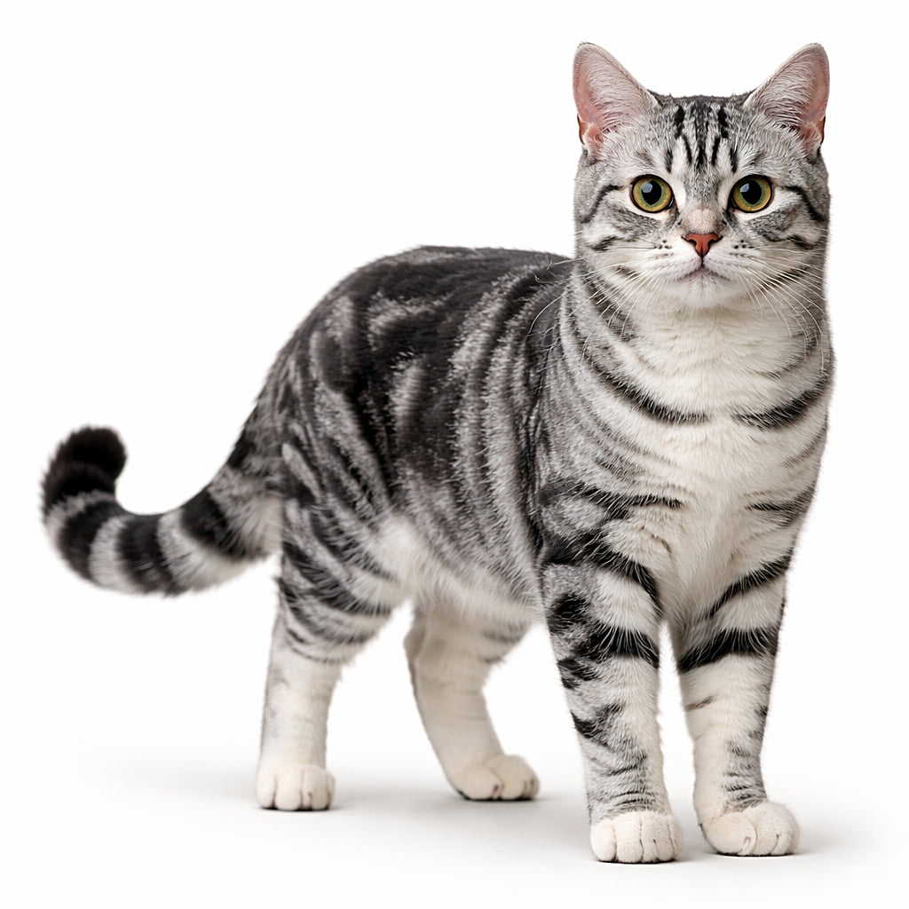 「キリッとした瞳と美しい縞模様。リアルすぎて思わず話しかけたくなるアメショです🐾」Photorealistic full-body American Shorthair cat with silver tabby coat, detailed fur texture, and realistic eyes under natural light 自然光の下で撮影された、全身が写るシルバータビーのアメリカンショートヘア。毛並みや瞳まで精密に再現されたリアルな猫の写真