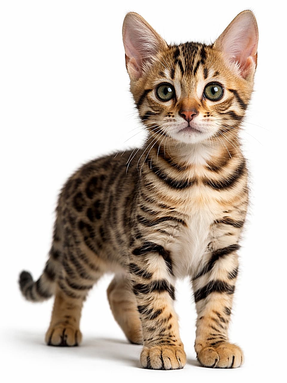 「きらめく瞳と野性味あふれる模様。小さな体に本格派のオーラ、ベンガル子猫です」Photorealistic full-body Bengal kitten standing against a white background, with detailed spotted fur, natural light reflections, and realistic green eyes. 白背景の前に全身が写るベンガルの子猫。斑点模様の毛並みや自然光の陰影、リアルな瞳まで精密に表現されている