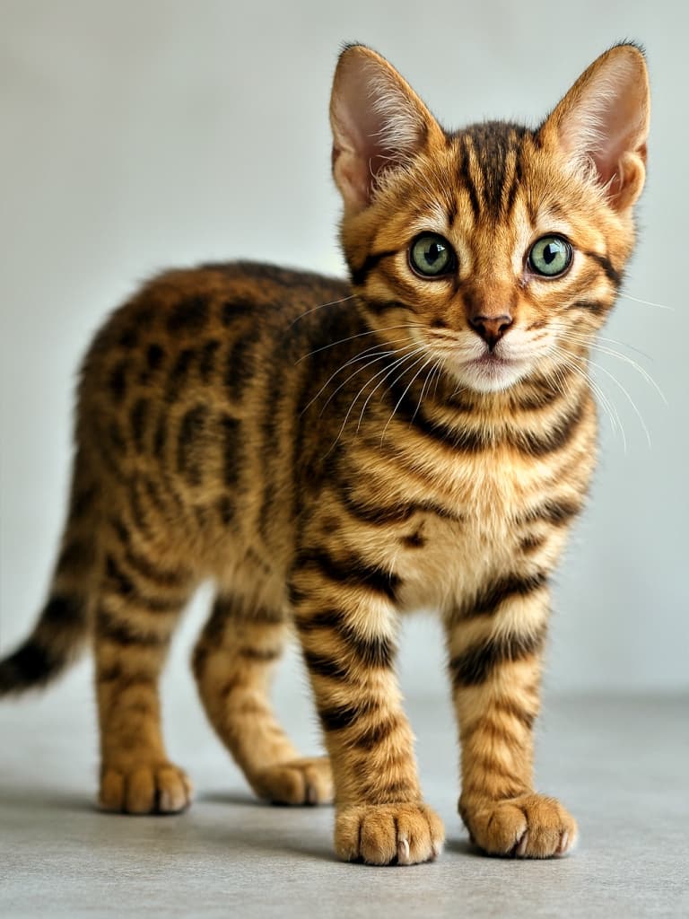 A photorealistic Bengal kitten standing on a smooth surface, with vivid fur patterns and lifelike eyes under soft natural light. 柔らかな自然光の中、滑らかな床に立つベンガル子猫。毛並みの模様と瞳がリアルに輝く