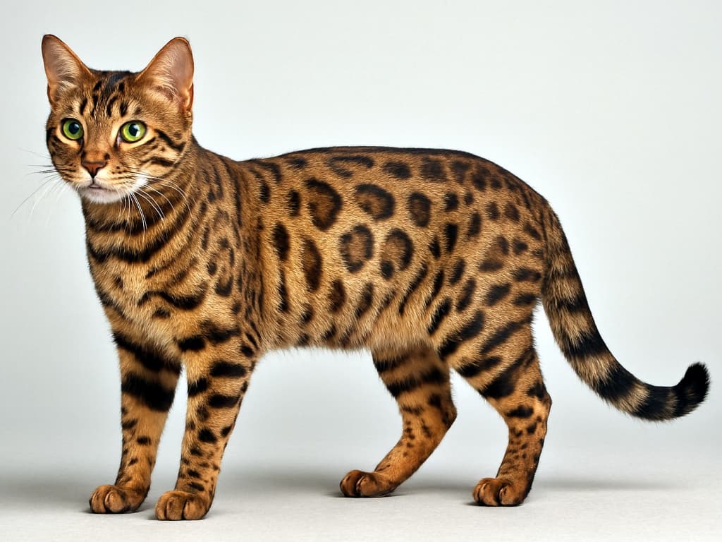 A photorealistic Bengal cat standing in profile on a neutral background, with golden-brown fur and dark rosettes, sharp green eyes, and clearly defined anatomical features under soft natural light. 中立色の背景に立つベンガル猫の全身。金褐色の毛並みに黒いロゼット模様が浮かび、緑の瞳と精密な身体構造が自然光のもとで鮮明に描写されている