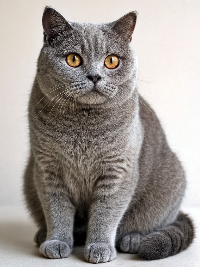 Photorealistic full-body British Shorthair cat with silver-grey fur, amber eyes, and natural lighting. 自然光に包まれた銀灰色のブリティッシュショートヘア、まんまる瞳が魅力の一枚