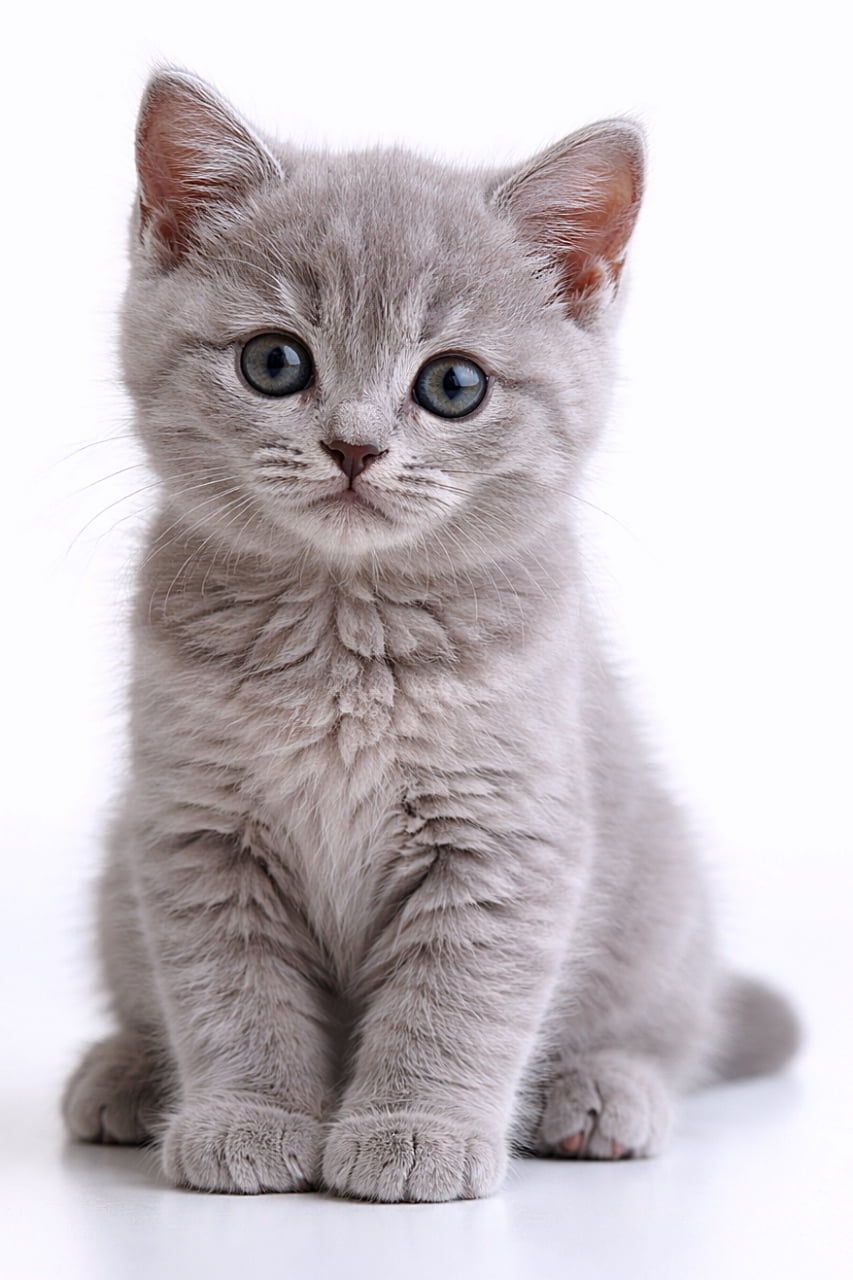 「もふもふ感が限界突破。ぬいぐるみ級の丸顔ブリティッシュ子猫」Photorealistic British Shorthair kitten sitting upright, full body visible, with soft silver-gray fur, round face, and realistic light reflections in its eyes under natural lighting. 自然光の下で座る、全身が写ったブリティッシュショートヘアの子猫。銀灰色の柔らかな被毛と、光を映す丸い瞳がリアルに描写されている