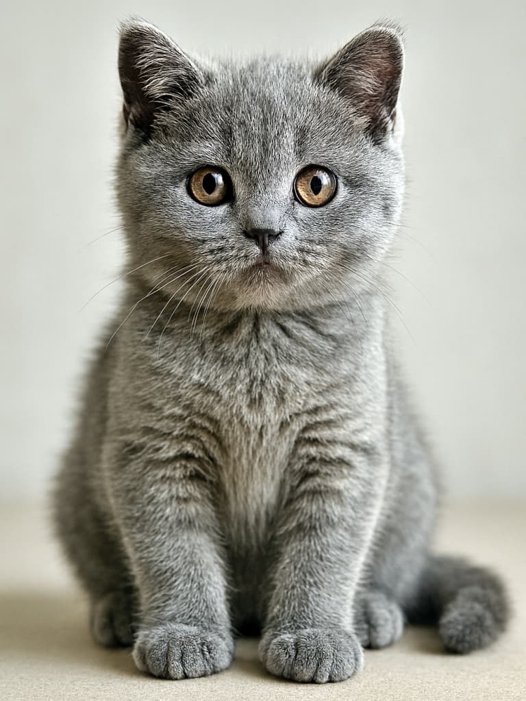 A photorealistic British Shorthair kitten sitting upright on a neutral surface, with plush gray fur, amber eyes, and clearly defined paws and tail under soft natural light. ふわふわの灰色の毛並みと琥珀色の瞳が輝く、自然光に包まれたブリティッシュショートヘアの子猫。丸い肉球としっぽまで全身くっきり