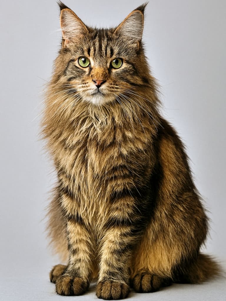A photorealistic Maine Coon cat sitting gracefully against a neutral background. Its full body is visible, with long, silky fur rendered in lifelike detail. The cat’s green eyes reflect soft light, and every anatomical feature—from ear tufts to paw pads—is precisely positioned. 中立色の背景で優雅に座るメインクーンの猫。全身が写っており、長く艶やかな毛並みがリアルに描写されている。緑色の瞳には柔らかな光が映り、耳の房毛から肉球まで、すべての身体的特徴が正確に配置されている