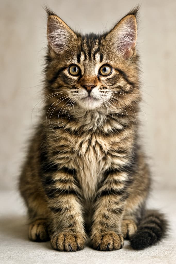 A photorealistic Maine Coon kitten sits attentively on a soft surface, its full body bathed in natural light. Each strand of fur glows with lifelike texture and subtle color shifts, while its golden-green eyes reflect the world with quiet intensity. メインクーンの子猫が柔らかな床に座り、自然光に包まれている。毛並みの一本一本がリアルに描かれ、微妙な色の変化が美しく、金緑色の瞳には静かな輝きが宿る